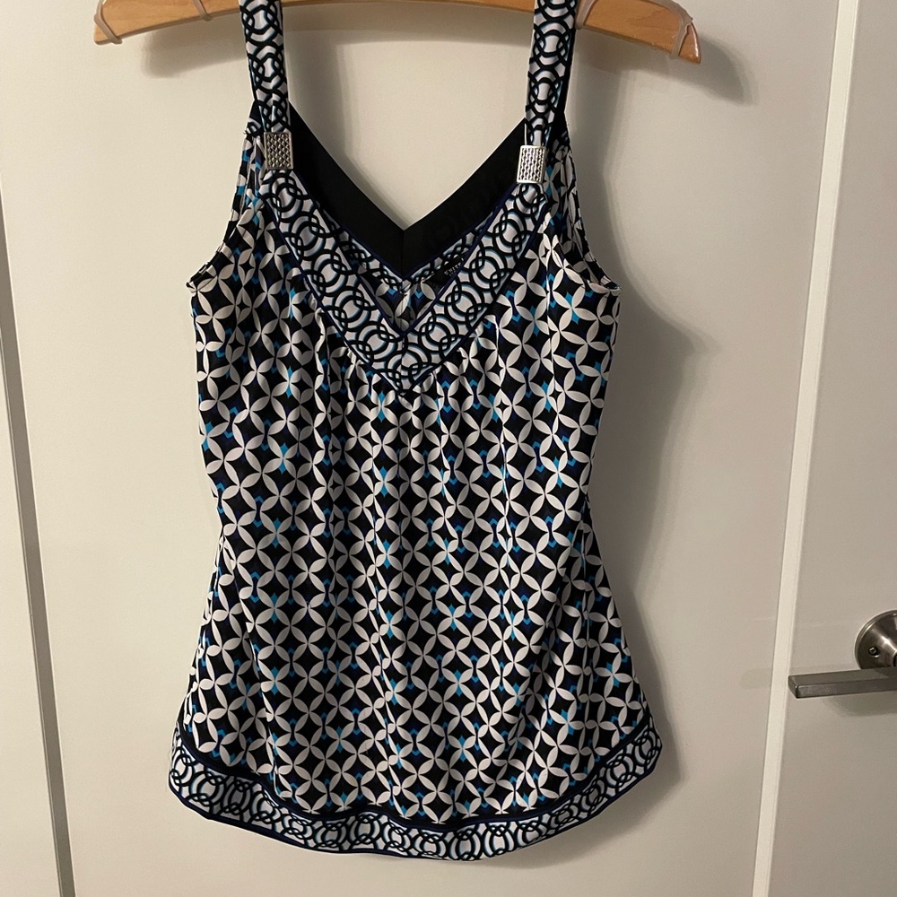 White House Black Market Black and White Fitted Embellished Tank Top
